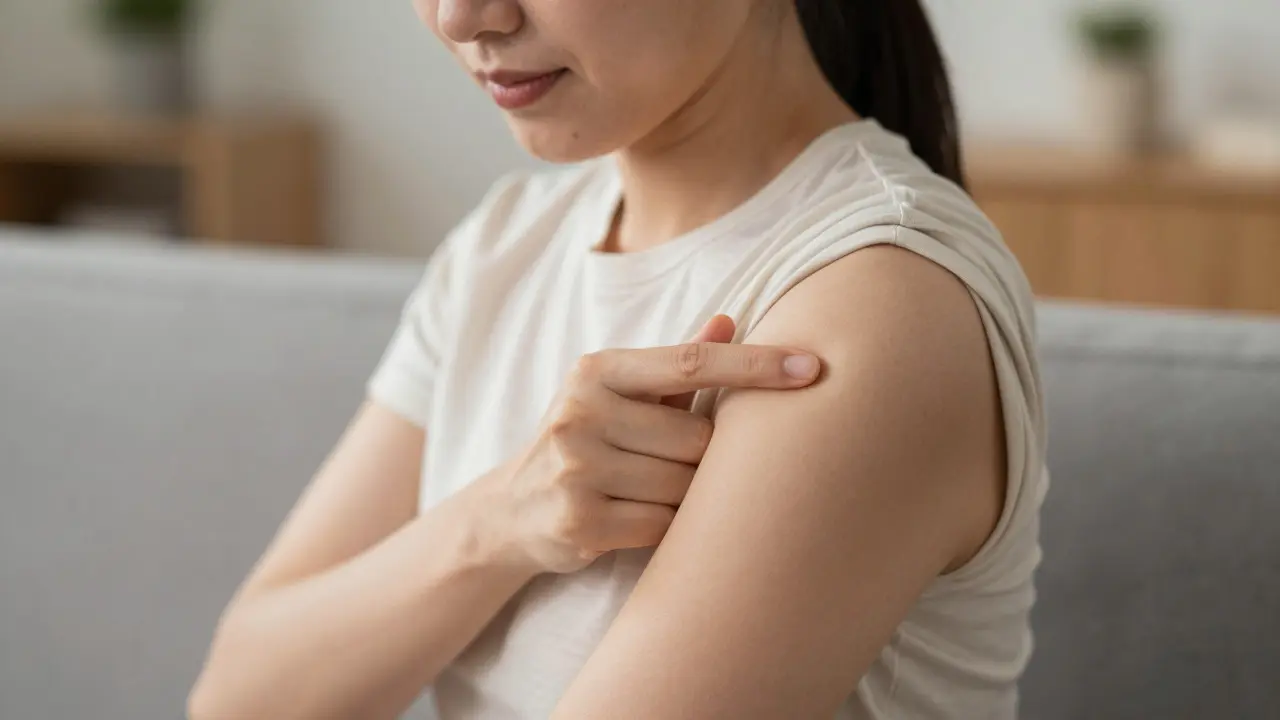 Person performing self-shiatsu by pressing their thumb into their shoulder muscle