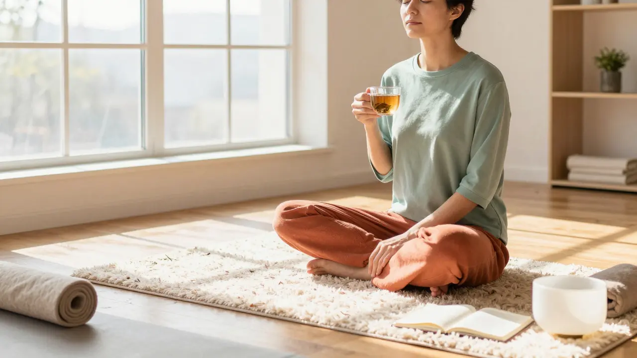 Person relaxing peacefully with tea after a holistic therapy session in a warm, natural-lit room.