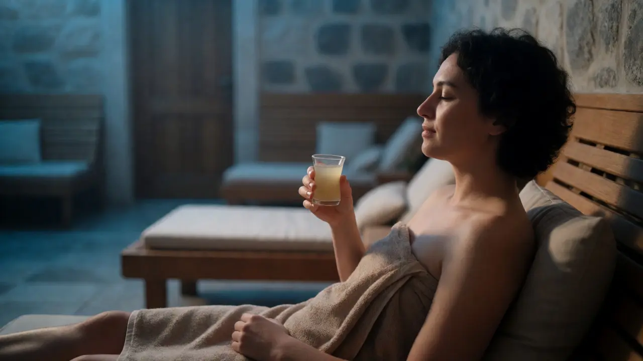 Relaxed person drinking tea in the cooling room after a hammam session