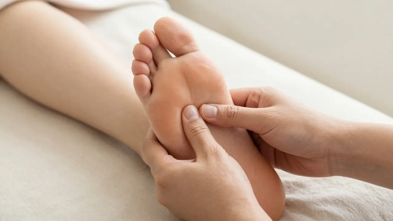 Therapist applying pressure to reflexology points on foot