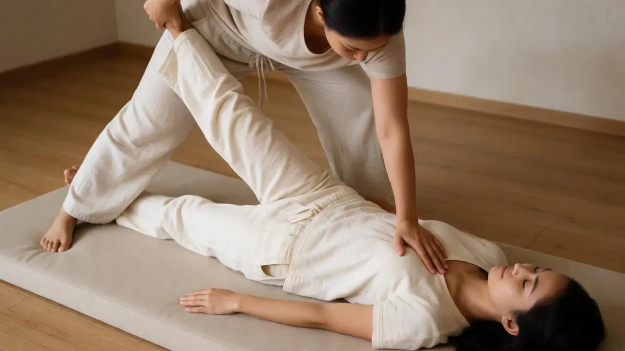 Therapist performing assisted stretching on a fully clothed client