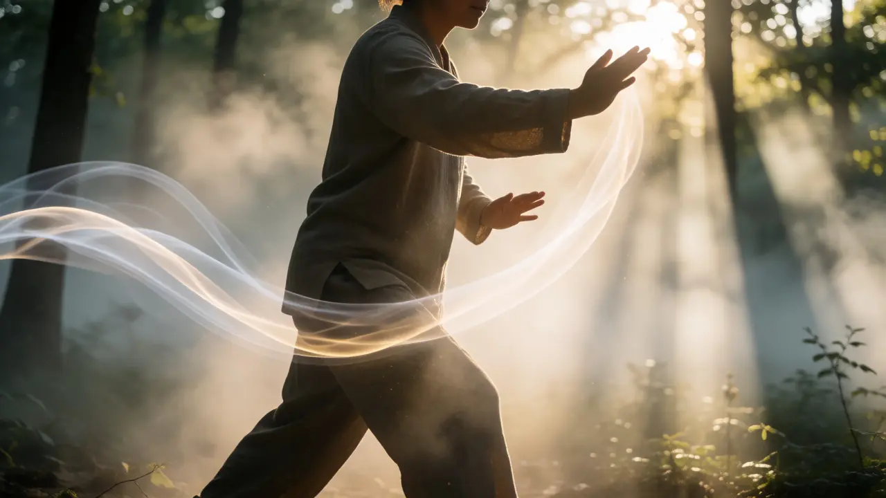 Person practicing Qigong in misty forest with energy trails