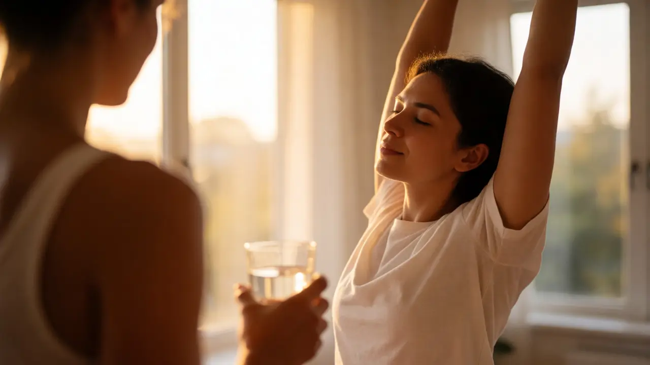 Relaxed person stretching by a sunlit window after a massage, holding water, showing restored mobility and relief.