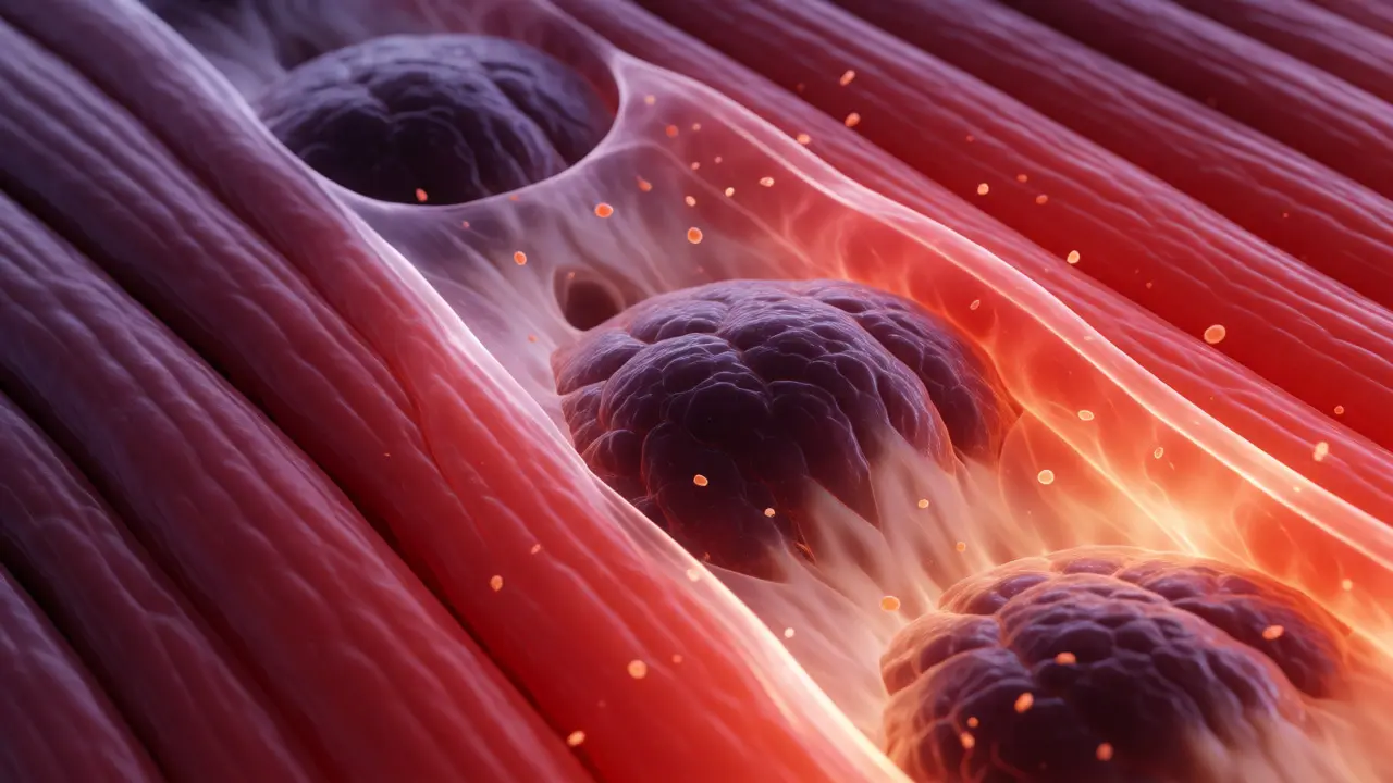 Visual representation of muscle fibers releasing tension and restoring blood flow during neuromuscular therapy.